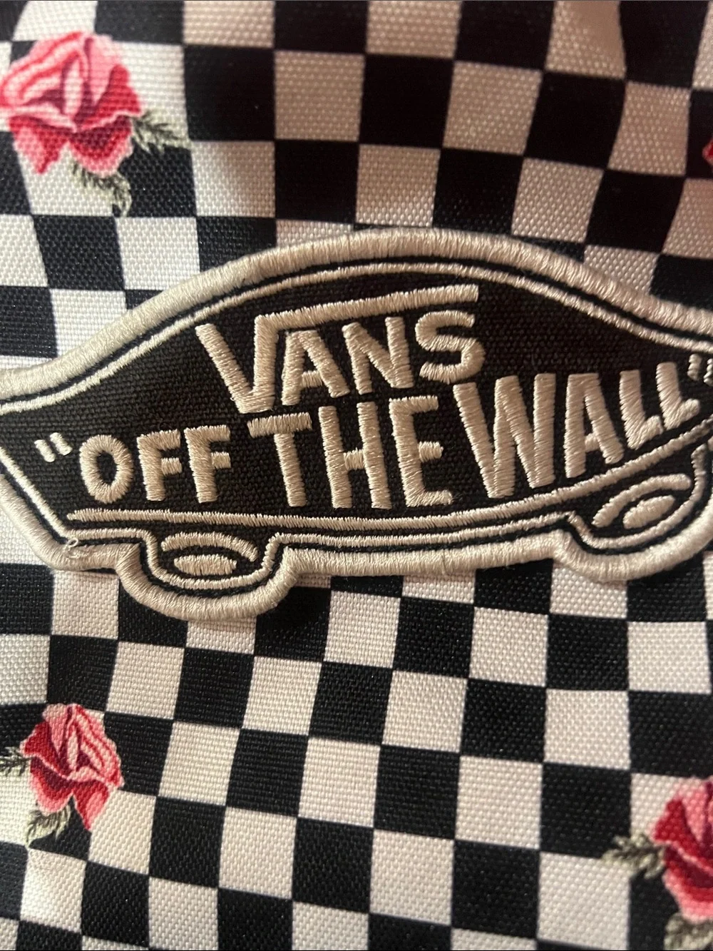 Vans Black Checkerboard Backpack with Red Rose Accents